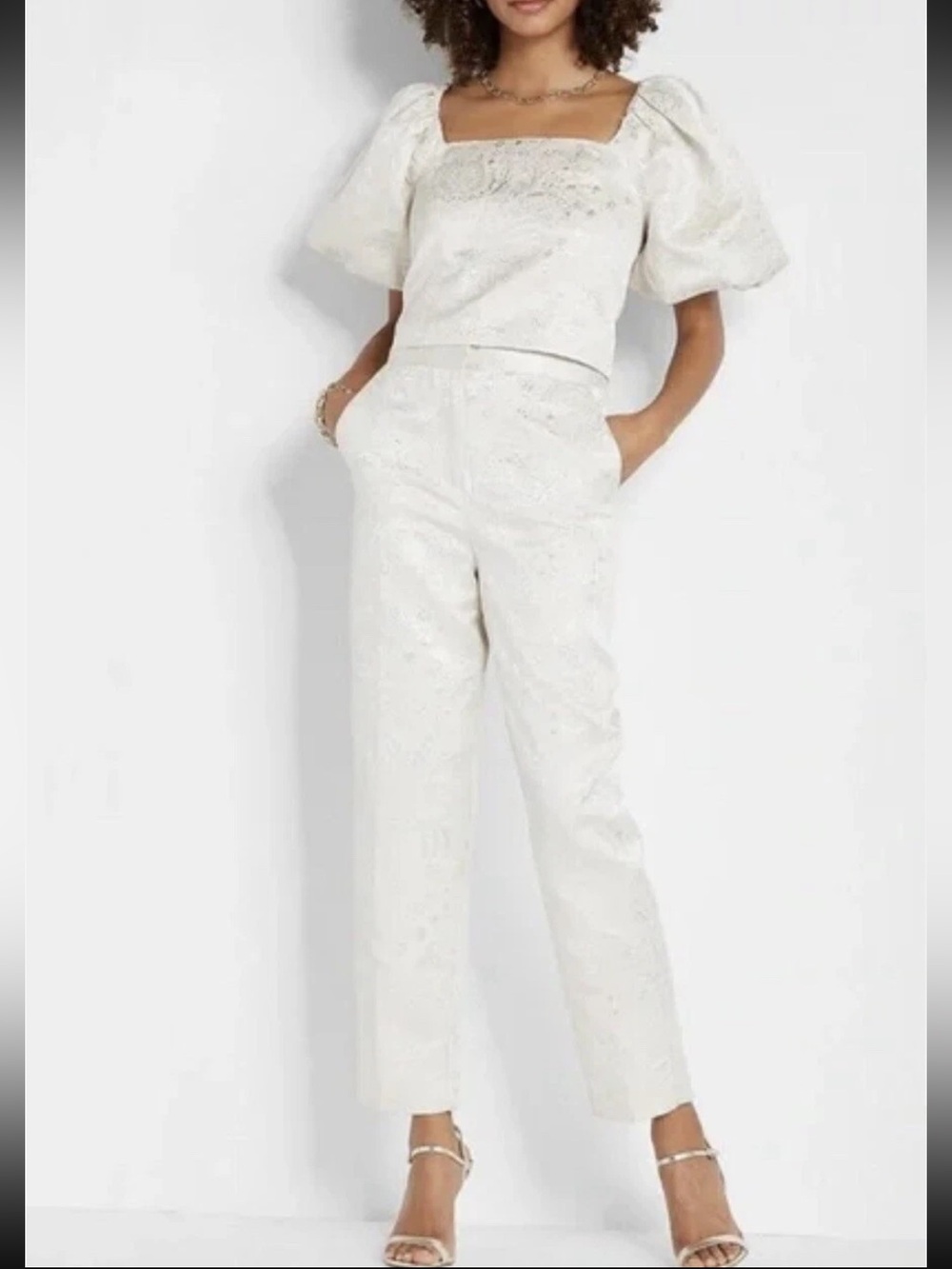 Edition by Express x Rachel Zoe Metallic Jacquard Puff Sleeve Top/Pant Set NWT 0